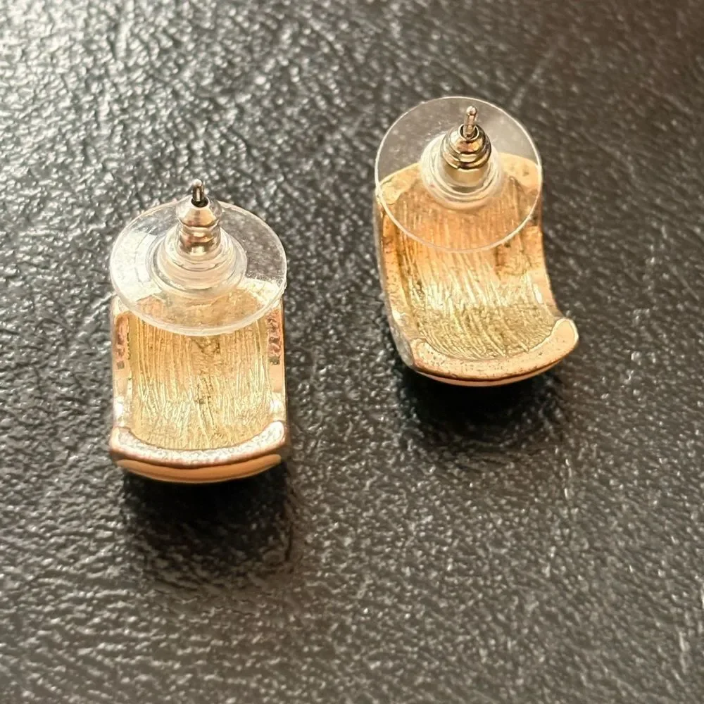 Vintage Cream & Gold Huggie Earrings Neutral Enamel Gold Tone Pierced